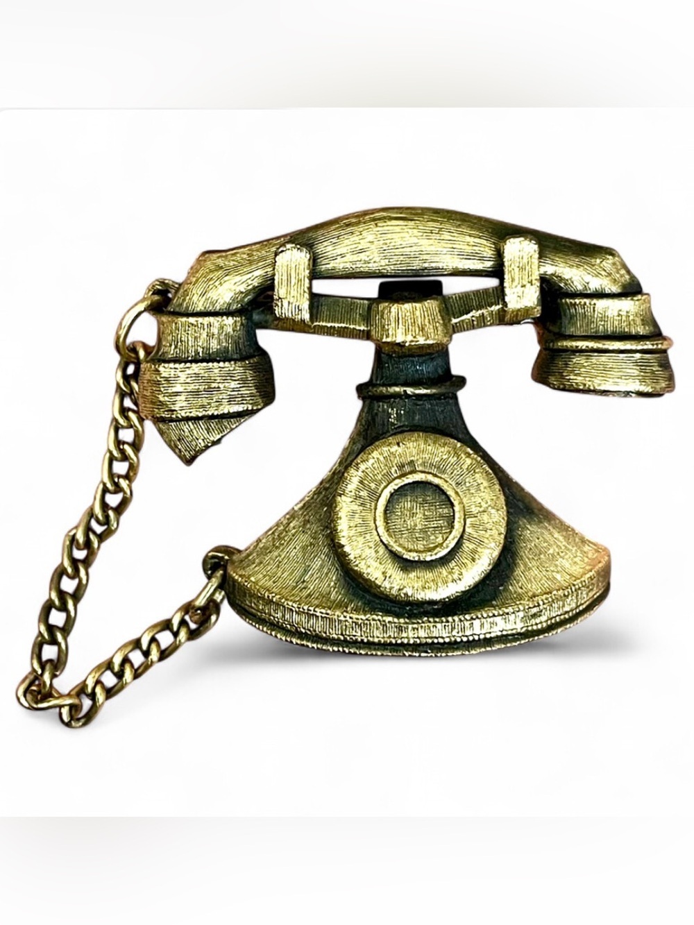 JJ Jonette Jewelry Vintage Rotary Telephone Brooch Pin Gold Tone Chain Dangle